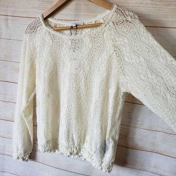 7 For All Mankind Stretchy Lace Round Neck Long Sleeve Top/Blouse Ivory Cream - Picture 4 of 9